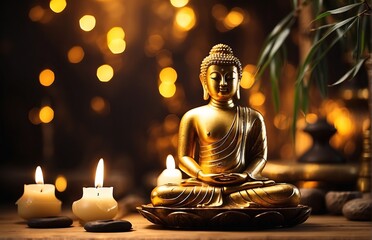 buddha statue and candles, bamboo at night atmosphere
