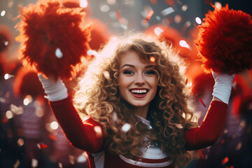Cheerful young woman cheerleader with pompoms - obrazy, fototapety, plakaty