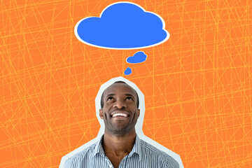 Smiling young African American man looking up at the cloud over his head, isolated on orange background. Strategy, business, brainstorming, inspiration concept. Art collage
