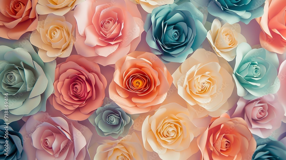 Poster backdrop of colorful paper roses background in a wedding reception with soft colors