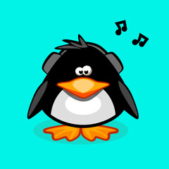 Penguin in headphones listening to the music. Antarctic bird, animal illustration
