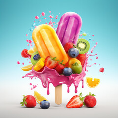  Colorful illustration of ice cream with fruits created with Generative Ai
