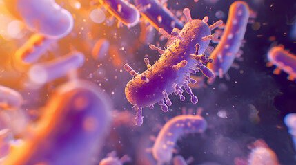Closeup of 3d microscopic bacteria background. Bacteria, Microbes, Salmonella Bacteria, Bacterial colony - obrazy, fototapety, plakaty
