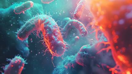 Closeup of 3d microscopic bacteria background. Bacteria, Microbes, Salmonella Bacteria, Bacterial colony - obrazy, fototapety, plakaty