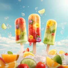  Colorful illustration of ice cream with fruits created with Generative Ai