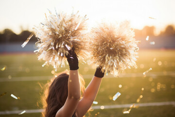 Cheerleader with pompoms on the football field at sunset - obrazy, fototapety, plakaty