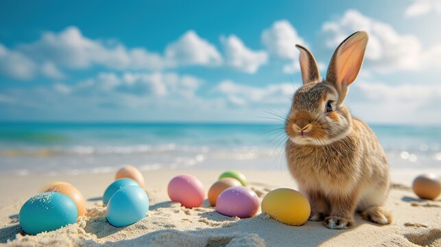 Beach Easter background with bunny and color eggs near ocean