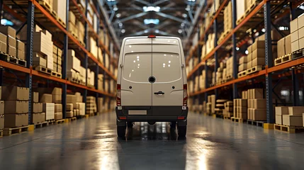 Fotobehang Photo of the back of white van waiting to load packages for onward delivery to customers. Logistics and delivery concept © CozyDigital