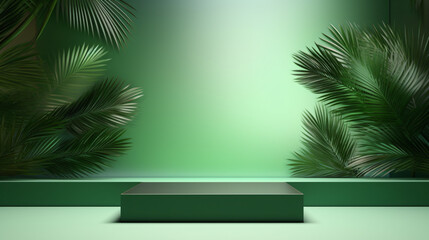 3d realistic background cube podium stage with palm