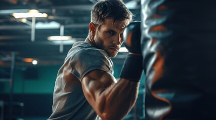Fototapeta na wymiar Brutal boxer man boxing in the gym