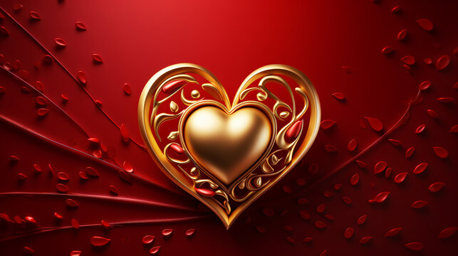 3d redder golden heart on a red background Valentines