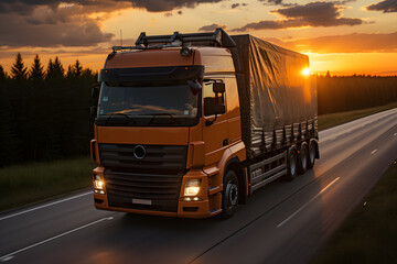 Modern truck on the highway delivers cargo. Beautiful landscape on the background. Logistics and import export concept