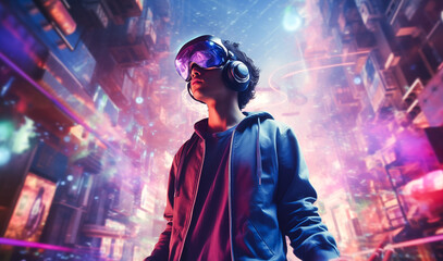 Metaverse technology concept. Man in VR headset or 3d glasses of virtual reality looks and interacts with holographic interface of VR or AR simulation