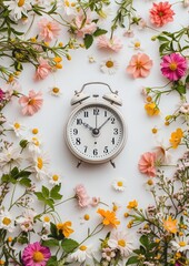Concept of Stress Awareness Month. A clock surrounded by scattered soft-toned flowers, depicting the importance of slowing down and taking time for oneself