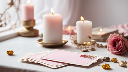 Pink blank card on beautiful table. generative AI