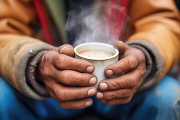 Fototapeta na wymiar closeup of hands holding a cup of chai with steam rising