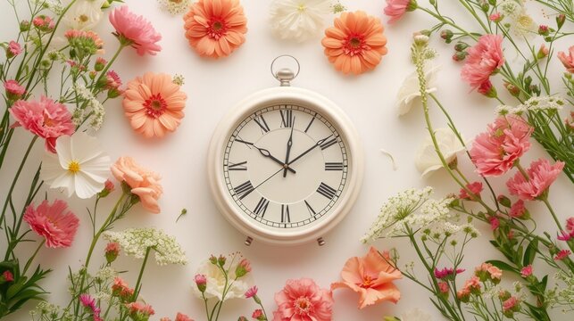 Concept of Stress Awareness Month. A clock surrounded by scattered soft-toned flowers, depicting the importance of slowing down and taking time for oneself