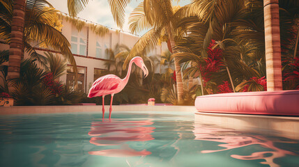 Pink flamingo float in the pool. AI generated image.