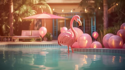 Gartenposter Pink flamingo float in the pool. AI generated image. © yekaterinalim