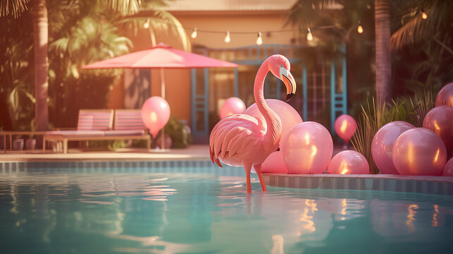 Pink flamingo float in the pool. AI generated image.