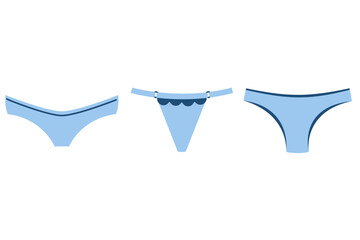 Set of blue women underwear, ladies panties. Different forms. Underclothes, bikini collection. Underpants, pants, briefs.