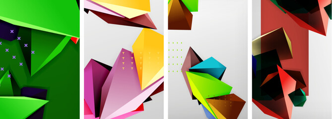 Trendy low poly 3d triangle shapes and other geometric elements background designs for wallpaper, business card, cover, poster, banner, brochure, header, website