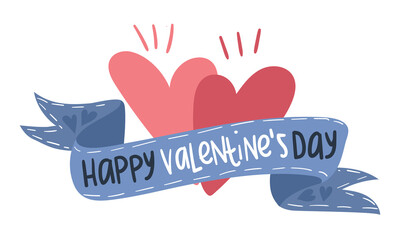 A blue ribbon with hearts. Vector images with a blue ribbon highlighted on a white background. Two hearts with a ribbon and a Valentine's Day greeting. A gift from a loved one heart.