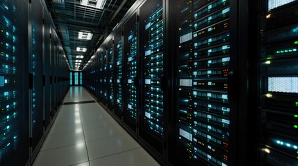 a modern server of data center with rows of server racks, generative ai