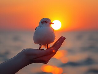 Sunset Serenade: A White Bird Perched on a Hand Generative AI - obrazy, fototapety, plakaty