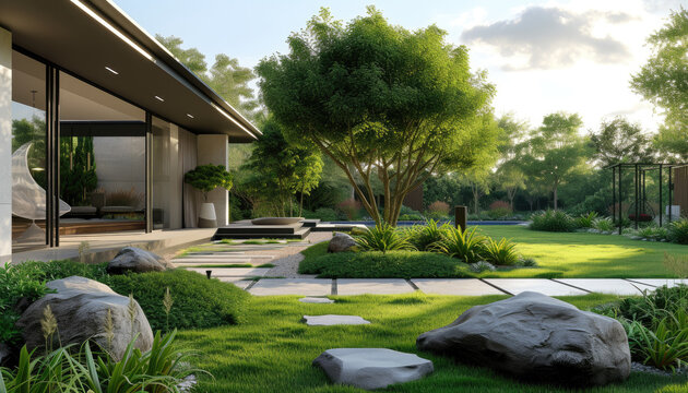 3d home landscape scenery with grass and trees