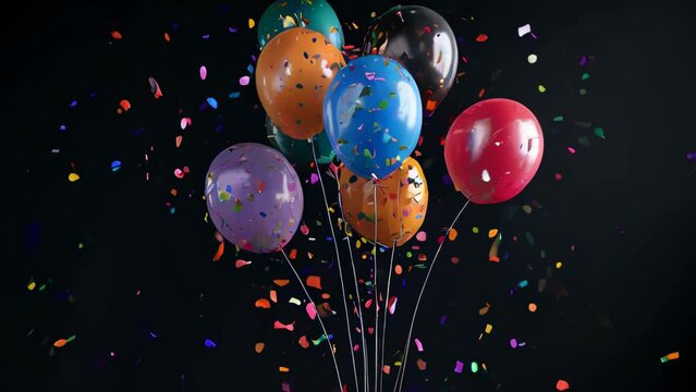 Multicolored balloons floating against a black background with scattered confetti, conveying an atmosphere of celebration.
