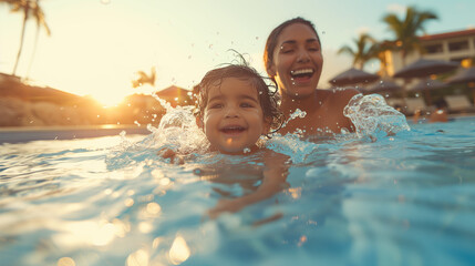 A woman and child are playing in a pool. The sun with orange light in the background, generative ai - obrazy, fototapety, plakaty