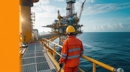 oil rig worker in protective gear, performing a routine safety check on the drilling equipment, with the vast sea and a clear blue sky in the background