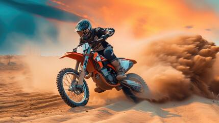 a dynamic scene of a motocross rider in action, dust and sand is being kicked up by the bike's tires, generative ai