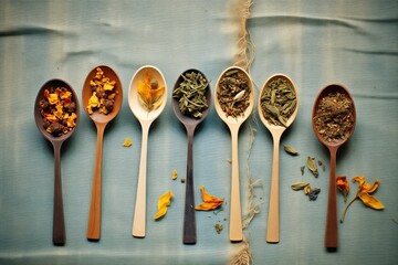 assorted tea leaves in wooden spoons on linen cloth - obrazy, fototapety, plakaty