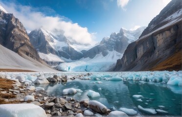 A mindblowing scene of glaciers with frozen lake and cliff