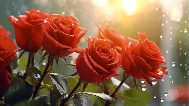 Red roses with drops of rain. Valentine's day concept. AI generated image.