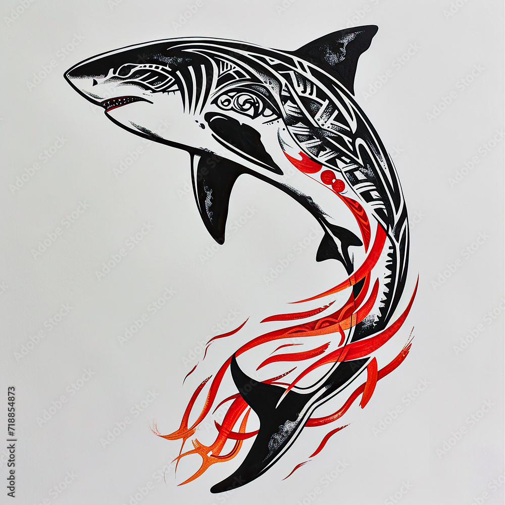 Wall mural shark polynesian style design for tattoo or t-shirt print flat vector generative ai