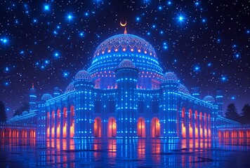 Fototapeta premium Glowing Blue Mosque at Night: A Stellar Starry Night Experience Generative AI