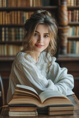Young girl student reading book in library
