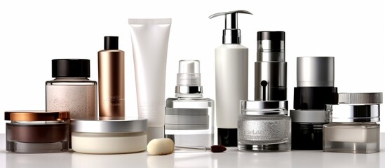 Cosmetics packaging. Set of different cosmetic bottles of cream or serum on a ceramic tray.