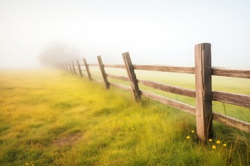 Obraz premium wooden fence leading into a foggy, grassy landscape