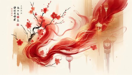 A watercolor-inspired abstract background with flowing red and gold strokes, evoking the feel of traditional Chinese art, embellished with faint outlines of cherry blossoms and lanterns.