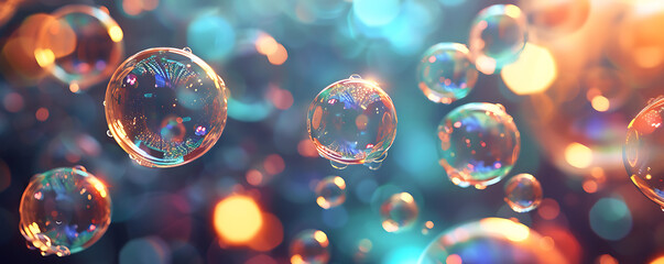 A whimsical scene of floating bubbles, each containing a tiny scene of love and joy, creating a fantastical and lighthearted representation - obrazy, fototapety, plakaty