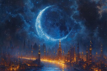 Glowing Cities and Luminous Lunar Night: A Stunning Cityscape with a Full Moon Generative AI