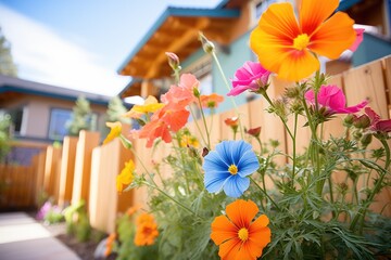 bright flowers bordering a pueblostyle residence