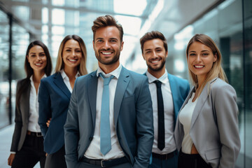 Obraz premium Businesspeople and their team exude positivity in a lively group photo, showcasing dynamic body language that reflects the collective success and enthusiasm within the office. Generative ai.