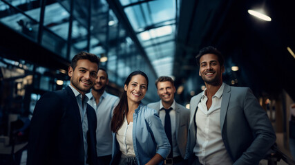 Businesspeople and their team exude positivity in a lively group photo, showcasing dynamic body language that reflects the collective success and enthusiasm within the office. Generative ai. - obrazy, fototapety, plakaty