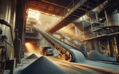 Cement production factory on mining quarry. Conveyor belt of heavy machinery loads stones and gravel - obrazy, fototapety, plakaty