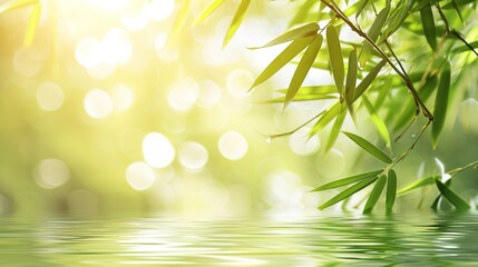 green bamboo leaves over sunny water surface background banner, beautiful spa nature scene with asian spirit and copy spac